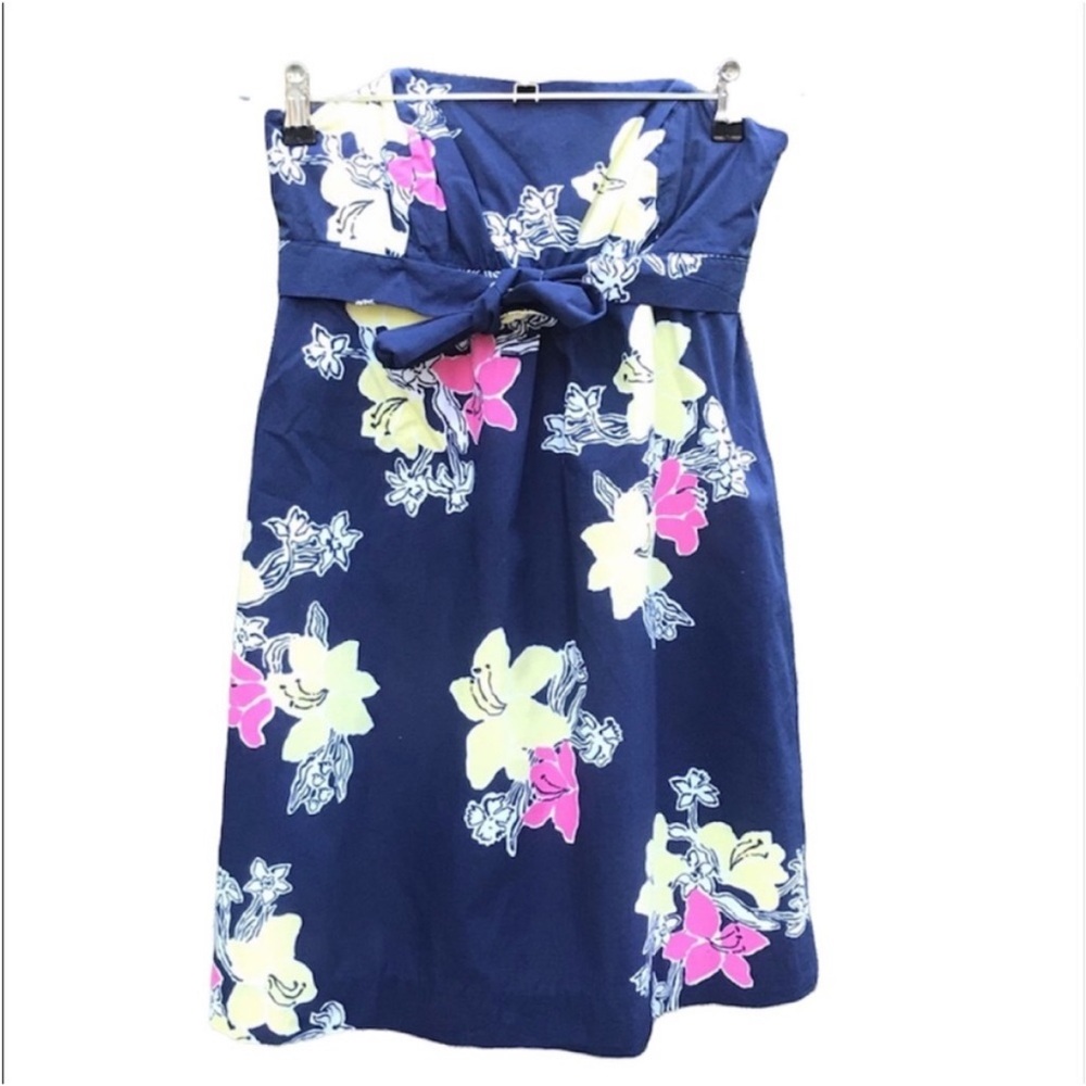 Lilly Pulitzer Blue Strapless Floral Print Sun Dress  Size 2